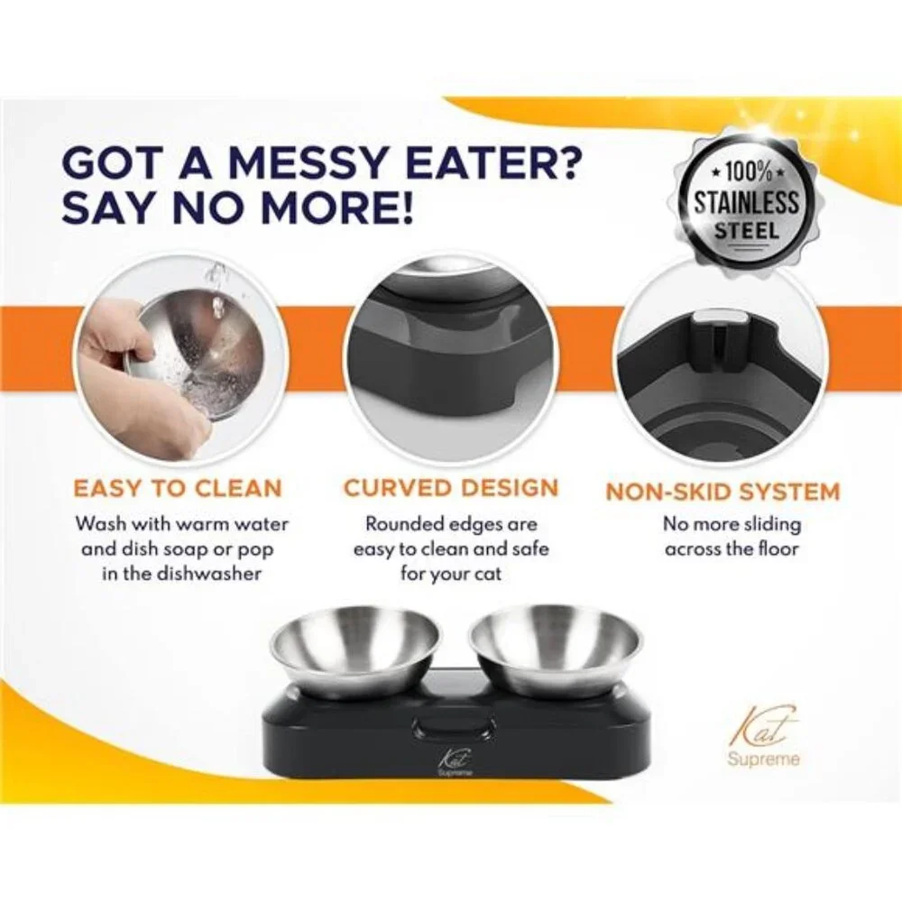 Cat Food Bowl - Cat Bowls for Indoor Cats, Set of 2 Stainless Steel Cat Bowls